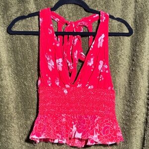 Free People Bright Red Floral Tie-Back Smocked Cropped Halter
